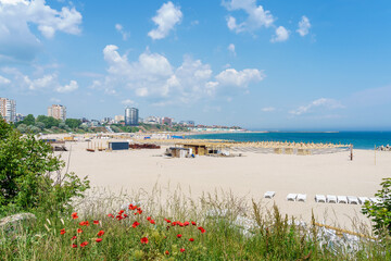 Fototapeta na wymiar Landscape with public beach in Constanta, Black Sea, Romania