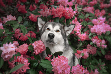 Portrait of an Alaskan Malamute dog in pink flowers - obrazy, fototapety, plakaty
