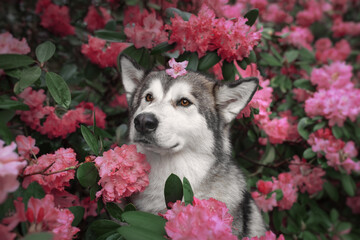 Portrait of an Alaskan Malamute dog in pink flowers
