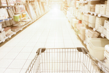trolley in the supermarket in the department of household goods