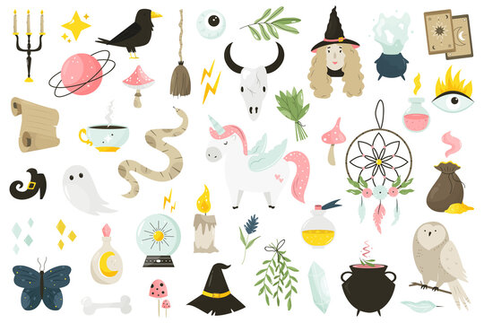Big set of magical icons and items. Vector image
