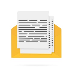 Envelope yellow with sheets of paper and text. New email . Flat design illustration. Stock vector graphics