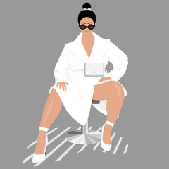 woman plus size girl in a white cloak wearing black glasses wearing white shoes with a small shoulder bag sits on a chair in a faceless style
