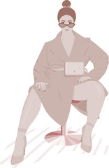 woman plus size girl in a beige raincoat in brown glasses in beige shoes with a small shoulder bag sits on a chair in a faceless style