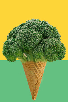 Digital synthesis creative image of Egg cones and green broccoli with yellow and green background