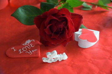 Roses avec c&oelig;urs  sur fond rouge. Fond Saint-Valentin. Fond Love 