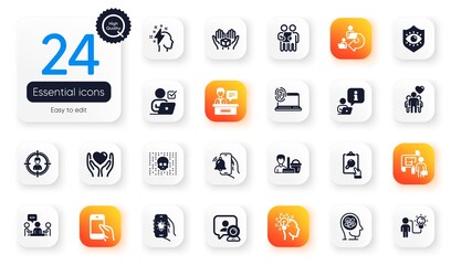 Set of People flat icons. Exhibitors, Headhunting and Hold box elements for web application. Stress, Inspect, Cyber attack icons. Computer fingerprint, Business idea, Plan elements. Vector