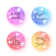 Online accounting, Infochart and Decreasing graph minimal line icons. 3d spheres or balls buttons. Piggy bank icons. For web, application, printing. Web audit, Stock exchange, Crisis chart. Vector