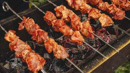 Pork shish kebab cooked on the grill. Pieces of meat marinated in sauce.