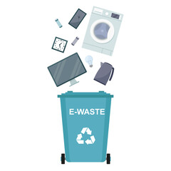 Garbage bin with e-waste, electronic waste, recycling garbage, vector illustration