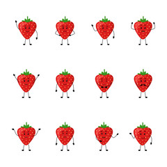 Strawberry. Cute berry characters with different emotions, vector illustration