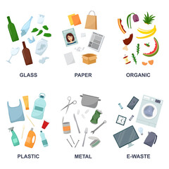 Banners with glass, plastic, paper, organic, metal and e-watse trash, vector illustration