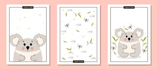 Koala, Set of postcards with cute koala, set of postcards with animals of Australia, set of A4 illustrations for poster with cute vector koala and eucalyptus