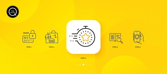 Fototapeta na wymiar Search text, Timer and Food delivery minimal line icons. Yellow abstract background. Security app, Lock icons. For web, application, printing. Vector