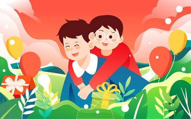 Father's day dad and son playing together with various plants and gift boxes in the background, vector illustration