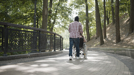 Back view of young man taking care of relative with disability, pushing wheelchair in park