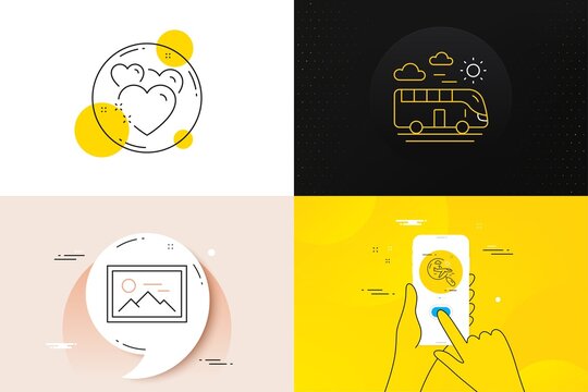 Minimal set of Bus travel, Search flight and Heart line icons. Phone screen, Quote banners. Photo icons. For web development. Transport, Airplane trip, Love. Image placeholder. Vector