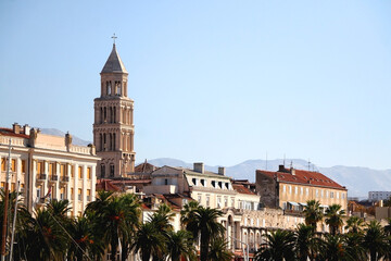 Fototapeta na wymiar Promenade in Split, Croatia with landmark architecture and sailing boats.
