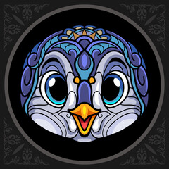Colorful cute penguin head cartoon zentangle arts. isolated on black background. 