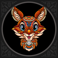 Colorful cute fox head cartoon zentangle arts. isolated on black background. 