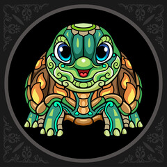 Colorful cute turtle cartoon zentangle arts. isolated on black background. 
