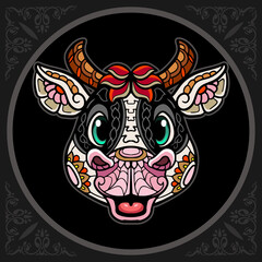 Colorful cute cow head cartoon zentangle arts. isolated on black background.