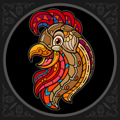 Colorful cute rooster head cartoon zentangle arts. isolated on black background. 