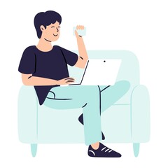 Vector illustration of a man sitting on a sofa with a laptop and a credit card, online shopping concept