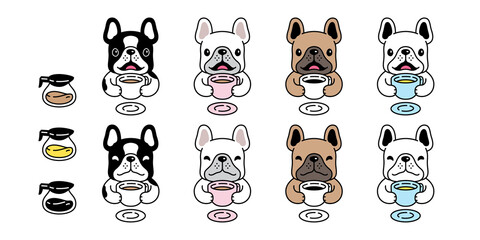 dog vector french bulldog icon coffee cup tea bone food puppy drinking character cartoon pet symbol scarf isolated tattoo stamp clip art illustration design