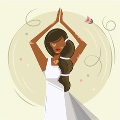 A girl with symptoms of vitiligo practices yoga. The dancing African-American woman is not ashamed of her illness. The concept of a positive, active image, self-acceptance. Vector flat design.