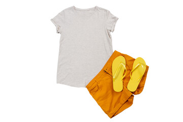 Summer Female t shirt mock up flat lay, flip flops isolated on white background. Top front view t-shirt and copy space. Mockup t-shirt and summertime. Template blank shirt.