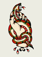 Traditional tattoo of snake in hand.