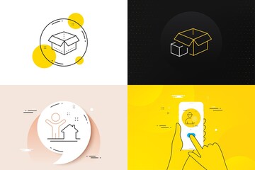 Minimal set of Packing boxes, New house and Open box line icons. Phone screen, Quote banners. Engineer icons. For web development. Delivery package, Buying home, Worker with cogwheel. Vector