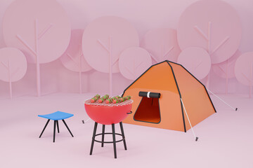 3D cartoon pitching a tent, campfire and BBQ in the big forest - 3D illustration