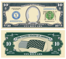 Fictional template obverse and reverse of US paper money. Ten dollars banknote. Empty oval, stars-striped flag and guilloche frames. Hamilton