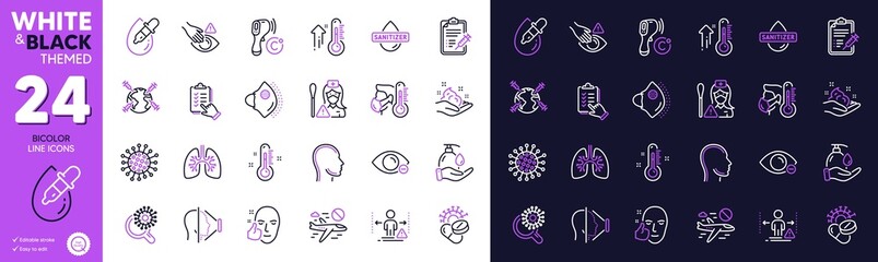 Electronic thermometer, Checklist and Coronavirus line icons for website, printing. Collection of Healthy face, Eye drops, Lungs icons. World vaccination, Hand sanitizer. Bicolor outline icon. Vector