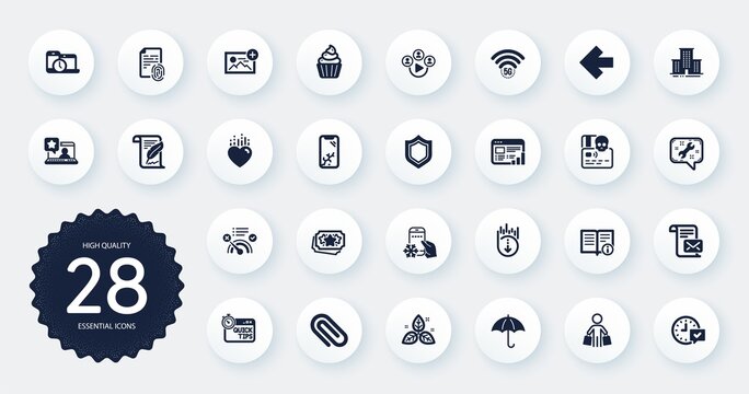 Set of Business icons, such as Loyalty points, Quick tips and Left arrow flat icons. Mail letter, University campus, Smartphone broken web elements. Spanner, Online rating. Circle buttons. Vector