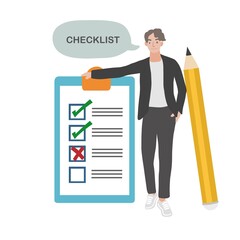 Business checklist presenting by business man cartoon vector illustration
