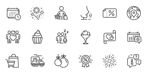 Outline set of Travel calendar, Sleep and Fireworks explosion line icons for web application. Talk, information, delivery truck outline icon. Include Love letter, Pin, Ice cream icons. Vector