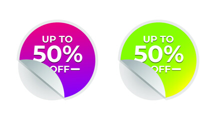 Up to 50 percent off Sale. Round sticker with offer message. Discount offer price sign. Special offer symbol. Save 50 percentages. Circle sticker mockup banner. Discount tag badge shape.