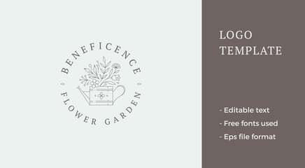 Monochrome spring rustic floral bouquet in watering can circle logo place for text vector © provectors