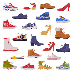 Shoes and Boots of Different Type as Casual Man and Woman Footwear Vector Set