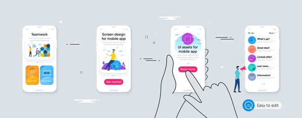 Set of Puzzle, Fake news and Employee line icons. Phone ui interface. Include Music making, Calendar, Difficult stress icons. Idea, Internet book, Shoulder strap web elements. Vector