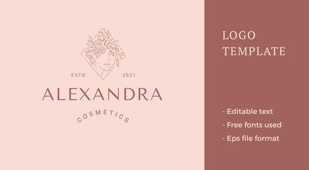 Minimalist linear woman flower hairstyle portrait spring blossom organic monochrome logo vector