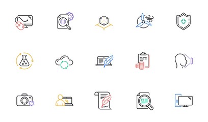 Seo stats, Photo camera and Copyright laptop line icons for website, printing. Collection of Cloud sync, Check article, Face id icons. Augmented reality, Accounting. Vector
