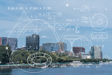 Panorama Boston city view skyline and Massachusetts Institute of Technology campus at day time. Technological and educational concept. Academic research and top ranking universities, hologram
