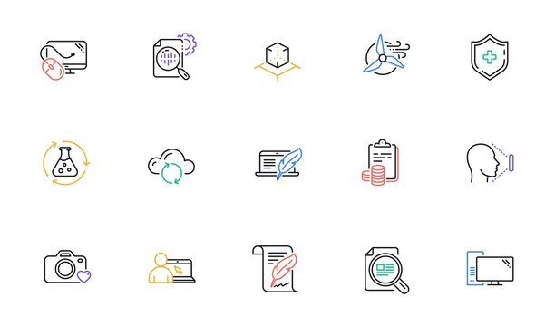 Seo stats, Photo camera and Copyright laptop line icons for website, printing. Collection of Cloud sync, Check article, Face id icons. Augmented reality, Accounting. Vector