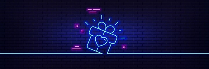 Neon light glow effect. Love gift line icon. Heart present box sign. Dating profile symbol. 3d line neon glow icon. Brick wall banner. Love gift outline. Vector