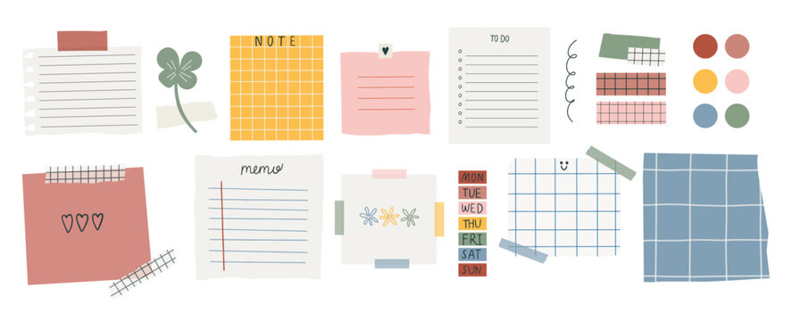 Collection of various paper notes. Blank paper notes for  to-do list, planner, memories. Stickers and assorted pieces of scotch tape. Vector hand drawn illustration. All elements are isolated.