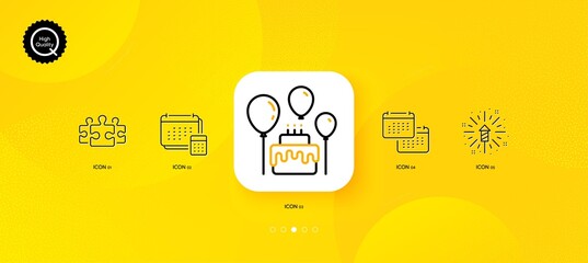 Fototapeta na wymiar Fireworks explosion, Puzzle and Calendar minimal line icons. Yellow abstract background. Cake, Account icons. For web, application, printing. Pyrotechnic salute, Jigsaw, Schedule planner. Vector